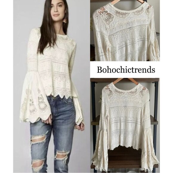 Free People Tops - Free People Cream Crocheted Lace Bell Sleeve Top, Size XS Romantic Boho